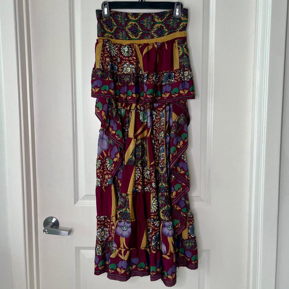 India Town Vintage Silk Blend Boho Skirt Multicolor Floral Patchwork S